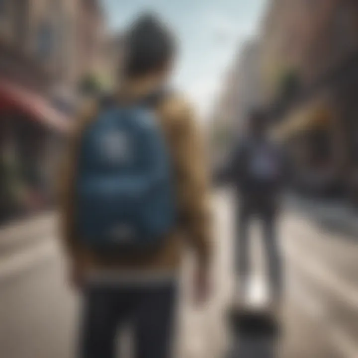 A vibrant street scene with skateboarders and Adidas backpacks