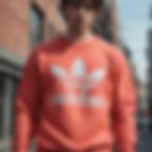 Adidas crew neck sweatshirt displayed against an urban backdrop