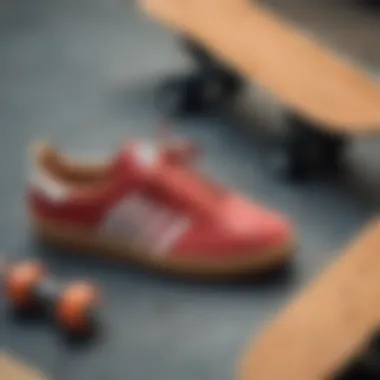 Flat lay of Adidas Samba Gum Sole alongside skateboard gear