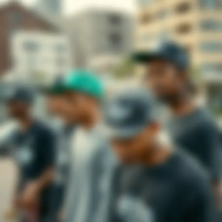 Skate Culture Embracing the Adidas Snapback A group of skateboarders wearing Adidas snapback hats in an urban setting