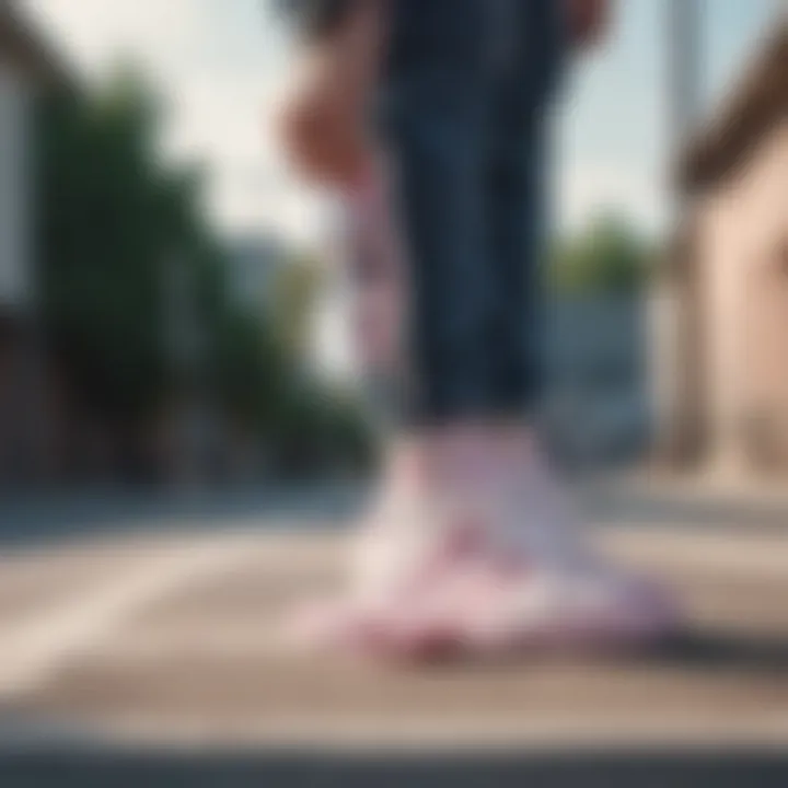 Skateboarder performing tricks wearing Adidas white with pink stripes