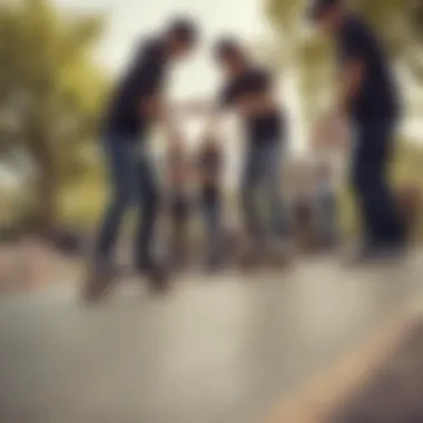 Diverse group of skateboarders sharing tips at a skate park