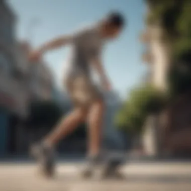 A skateboarder performing a trick while wearing stylish athletic sweat shorts.