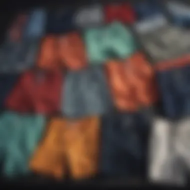 An array of athletic sweat shorts in various colors and designs laid out.