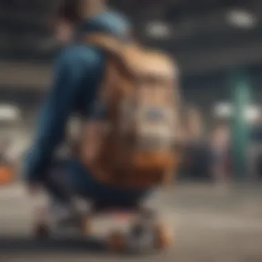 Stylish skateboarder showcasing a trendy backpack while skating.