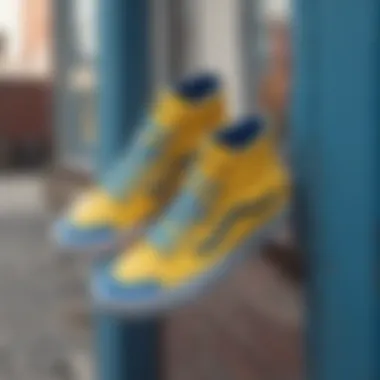 Blue and yellow high top Vans showcasing their vibrant color contrast