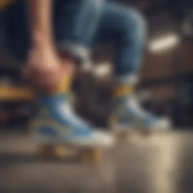 Skater performing tricks while wearing blue and yellow Vans high tops