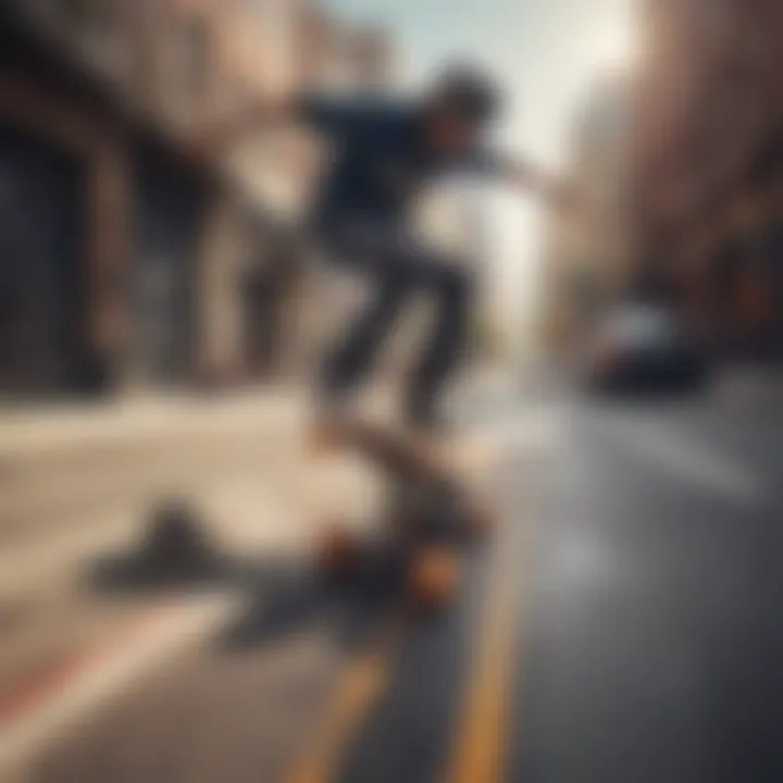 A dynamic shot of a skateboarder riding a boosted loaded skateboard in an urban environment.