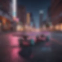 Vibrant neon skateboard deck against a city backdrop