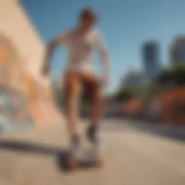 Vibrant brown graphic shorts displayed in an urban skate park setting