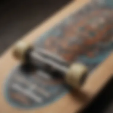 A close-up view of a CCS skateboard deck showcasing its unique graphics and design.