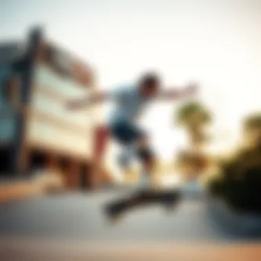 Skateboarder performing a trick in sweat shorts