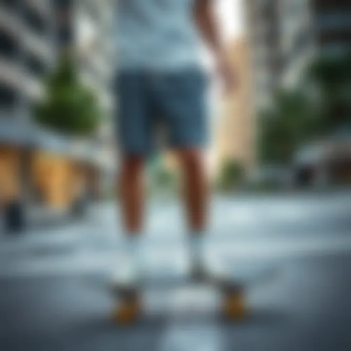 Urban setting showcasing skateboarder in fashionable sweat shorts