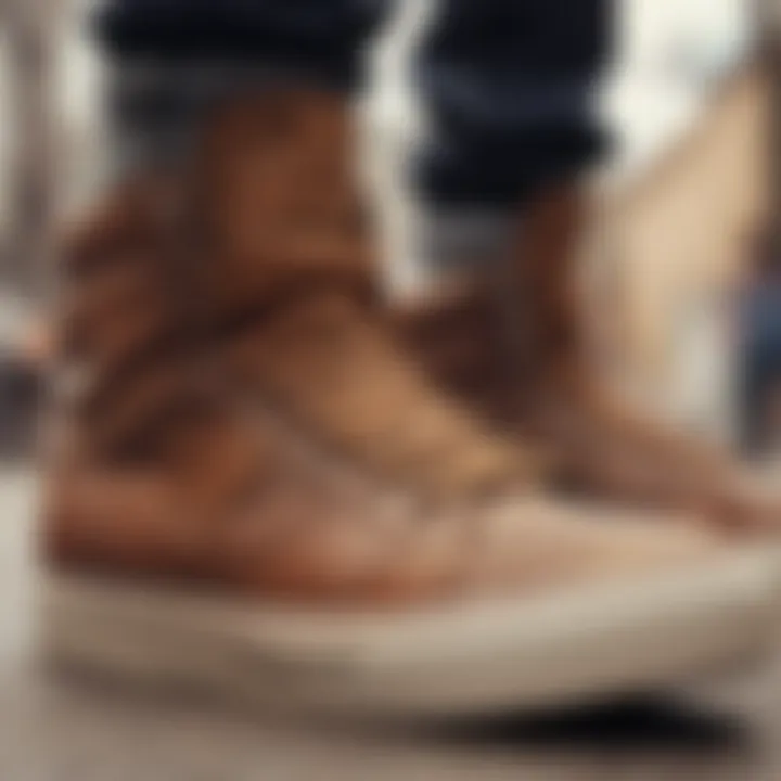 Close-up of the design features of brown hightop shoes