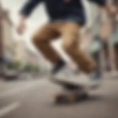 A skateboarder wearing Dickies cords performing a trick