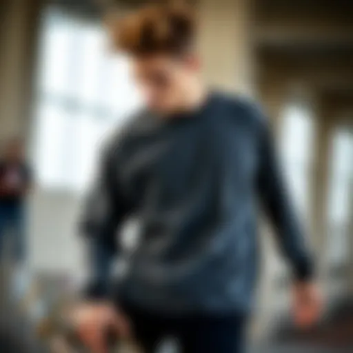 Cutting-edge Style: Drop Shoulder Long Sleeve T-Shirt in Skateboarding Stylish drop shoulder long sleeve t-shirt on a skateboarder