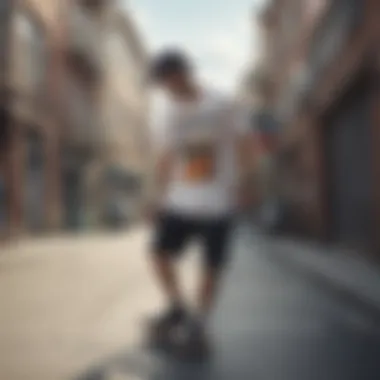 Skateboarder wearing EPTM T-shirt in urban setting