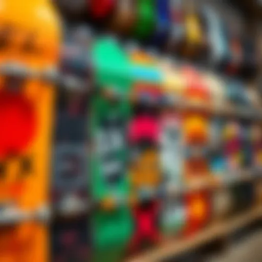 A vibrant display of skateboards showcasing diverse designs