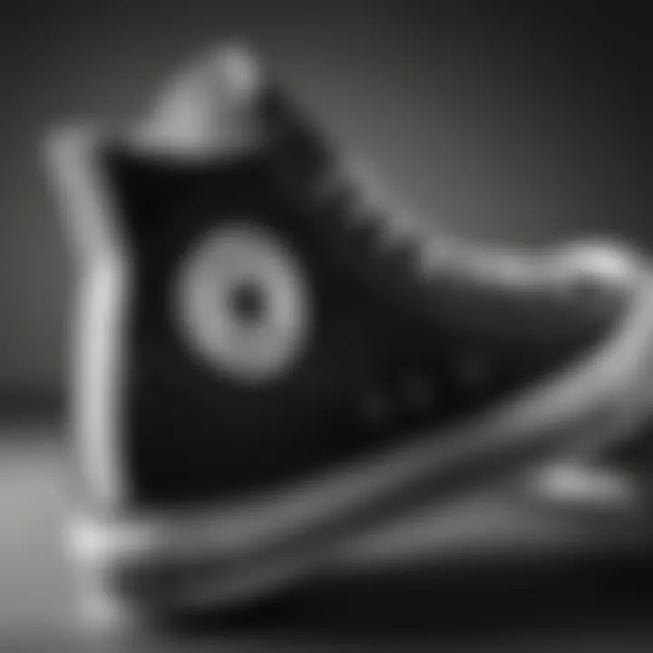 Close-up of the materials used in black and white platform Converse shoes