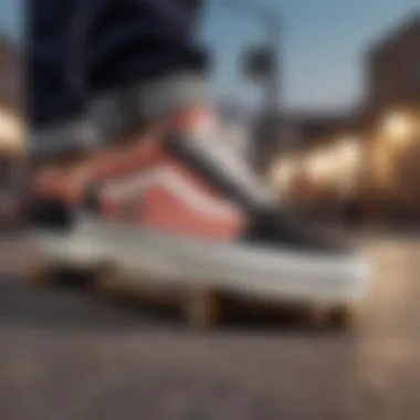 Side view of Vans Old Skool shoes on a skateboard, showcasing their performance aspect.