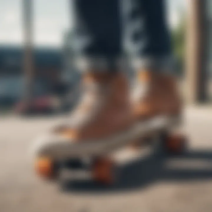 Close-up of functional skate shoes on a skateboard