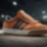 A close-up view of Adidas skate shoes showcasing their unique design and texture
