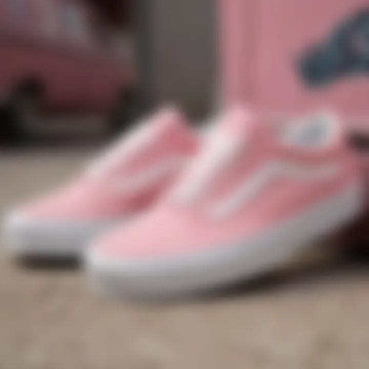 Close-up of the design elements of pink and white Old Skool Vans