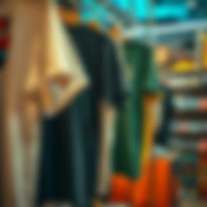 Arrival T-Shirts in a Skate Shop An artistic shot of t-shirts hanging in a trendy skate shop.