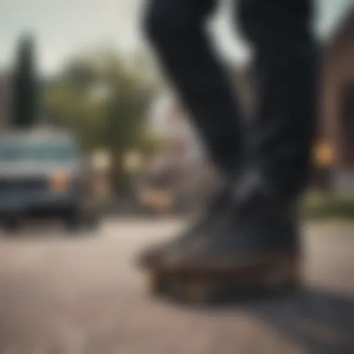 Iconic black low Vans on a skateboard