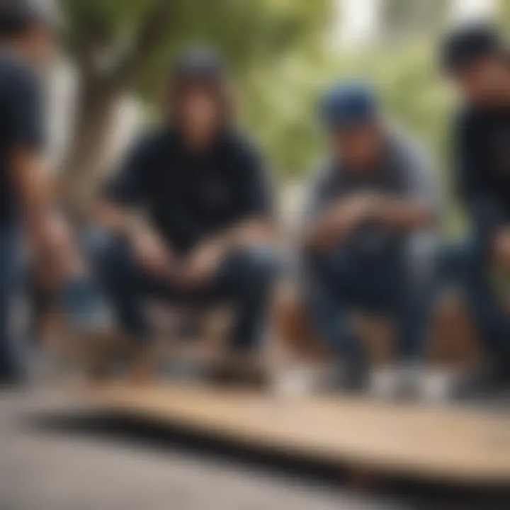 A diverse group of skateboarders gathered, discussing the impact of board dimensions on performance.