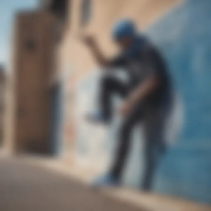 Cultural mural reflecting skateboarding lifestyle alongside blue bandana print Vans