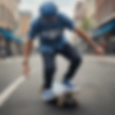 Skateboarder wearing blue bandana print Vans in action on the street