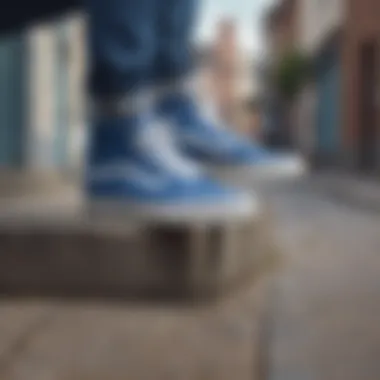 Stylish blue Vans worn in an urban setting