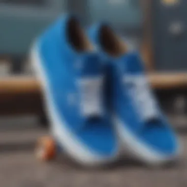 Vibrant blue Vans against a skateboard background