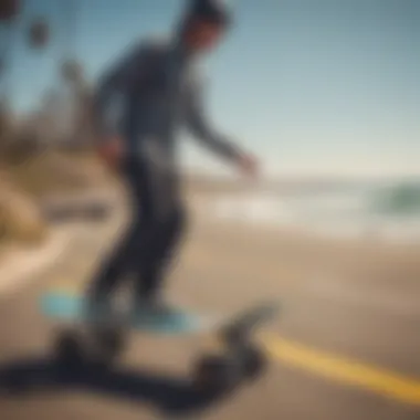 View of electric skateboarders cruising along the San Diego coastline