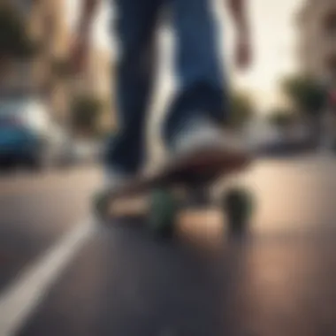 A close-up of an electric skateboard on a vibrant urban street