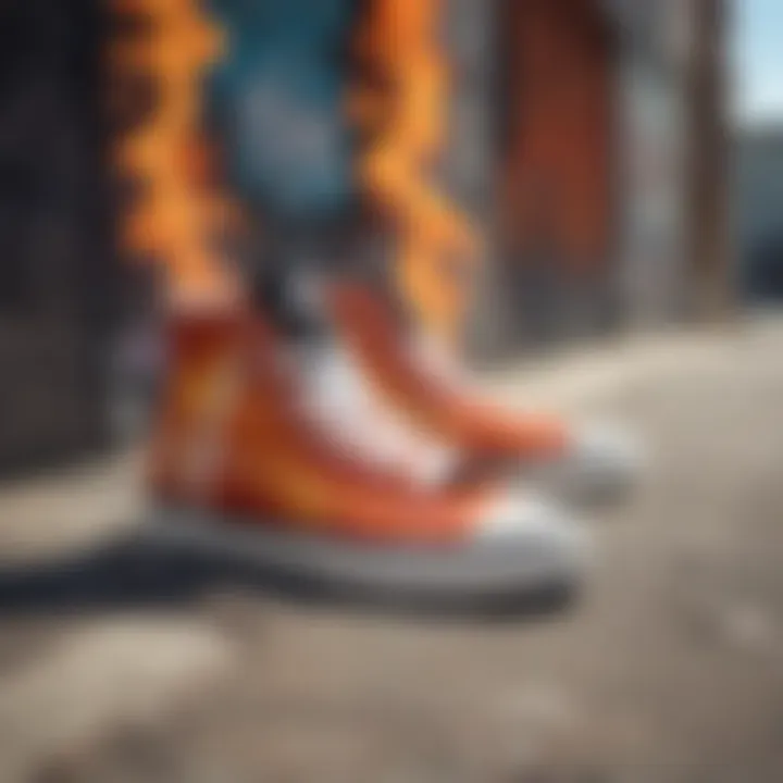 An artistic representation of flame shoes against a graffiti backdrop