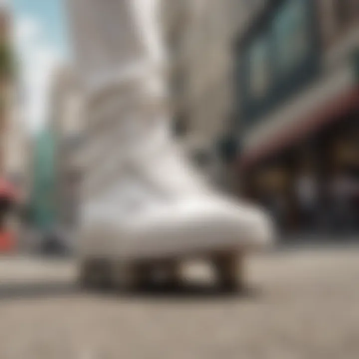 Skateboarder performing tricks while wearing white vans with thick soles