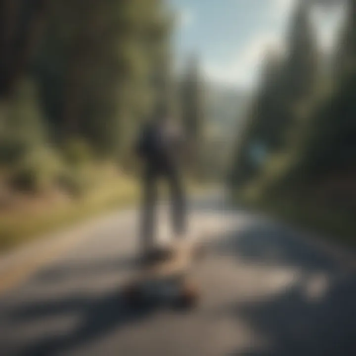 Landscape view of an individual riding a LandYachtz longboard on a scenic path