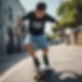 Dynamic skateboarder showcasing light blue graphic shorts while performing a trick