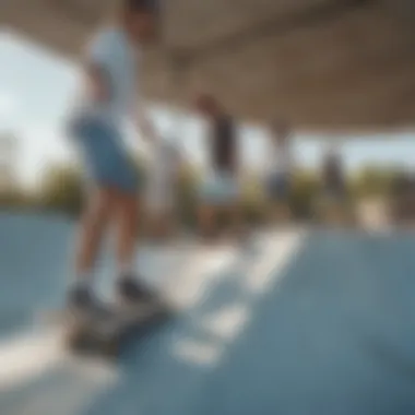 A group of skateboarders wearing light blue graphic shorts in a skate park setting