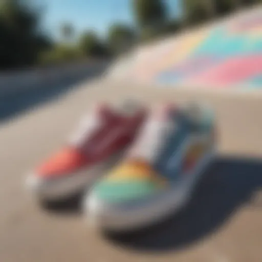 Vibrant display of multi-colored Vans in a skate park setting.