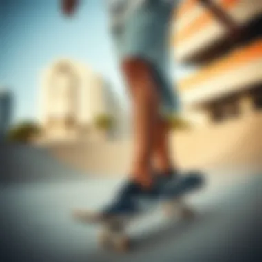 Skateboarder wearing Nike shorts in an urban skatepark setting