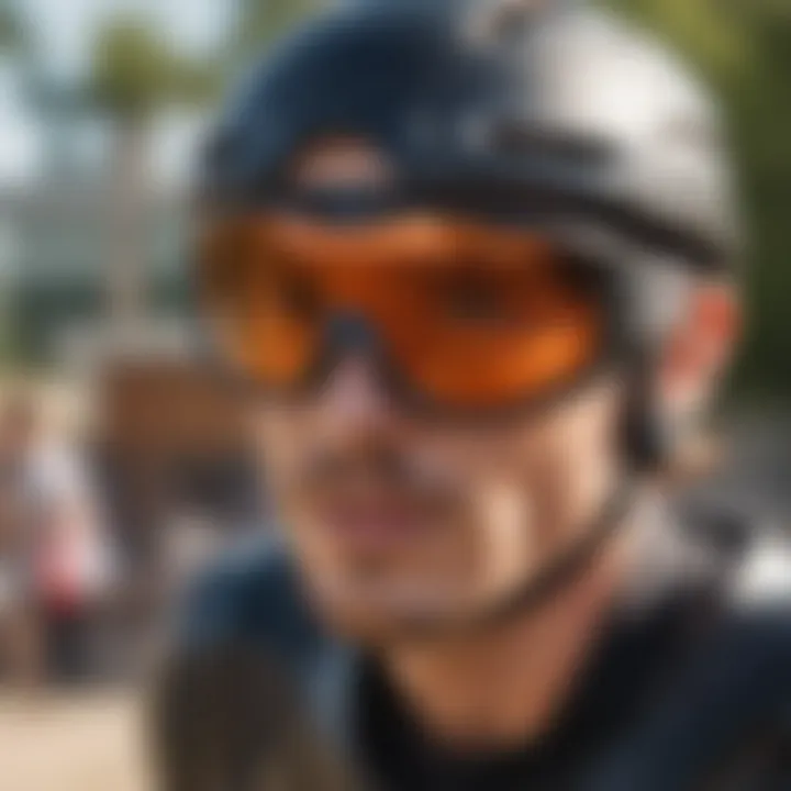 Skateboarder wearing Oakley Prizm goggles during a trick