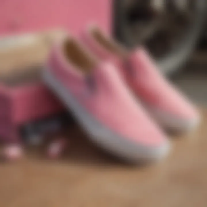 Maintenance tips for pink suede slip-on Vans displayed with care products