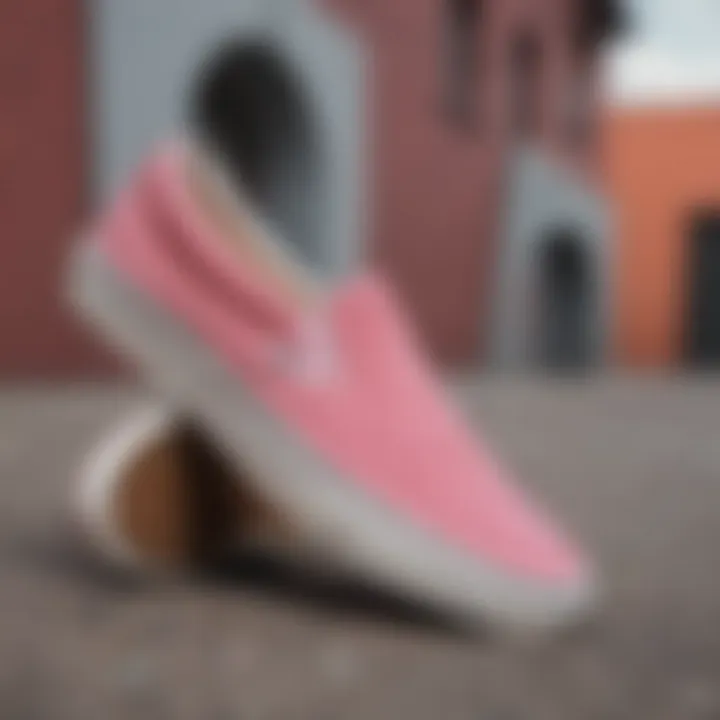 Skateboarding scene with pink suede slip-on Vans in action