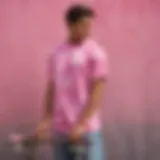 Vibrant pink tie-dye t-shirt displayed against a skateboarding backdrop