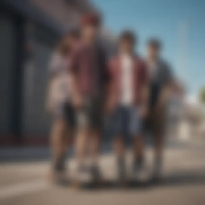 Group of skateboarders wearing plaid shorts, representing community