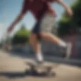 Dynamic skateboarder showcasing plaid shorts while performing a trick