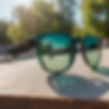 Comparison of Prizm Jade Iridium lenses with traditional sunglasses on a skate park bench.